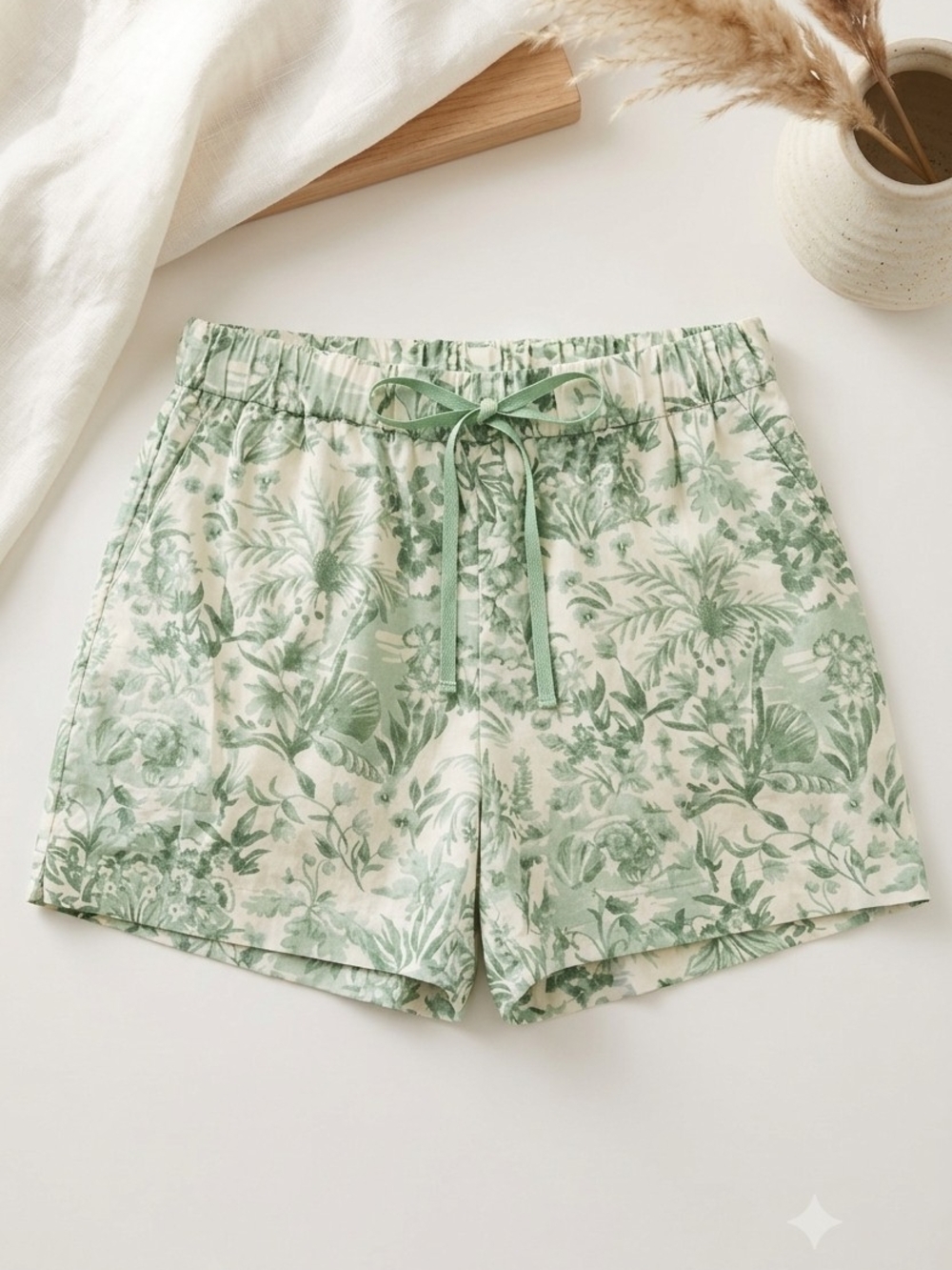 Women's Green Floral Drawstring Shorts
